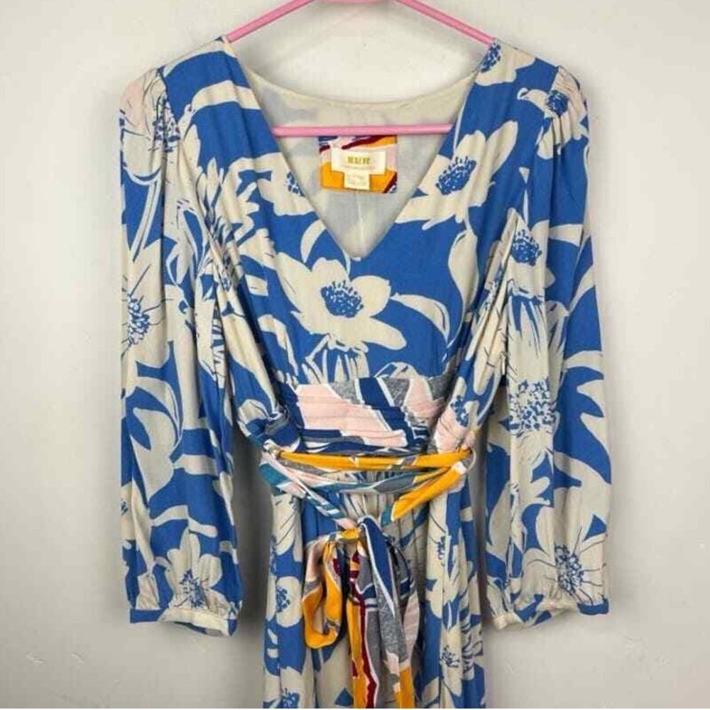 Maeve Blue and Cream Floral Wrap Midi Dress with Multicolor Sash